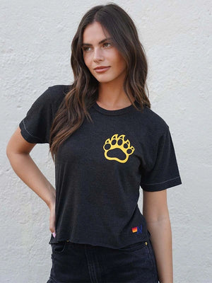 Recreated Aviator Nation Boston Bruins black crop tee with short sleeves and relaxed, contemporary silhouette