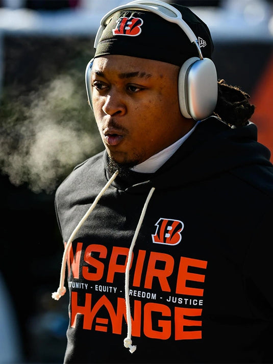 Nike black sideline pullover hoodie for Cincinnati Bengals 2025 featuring Opportunity Equity Freedom Justice lettering