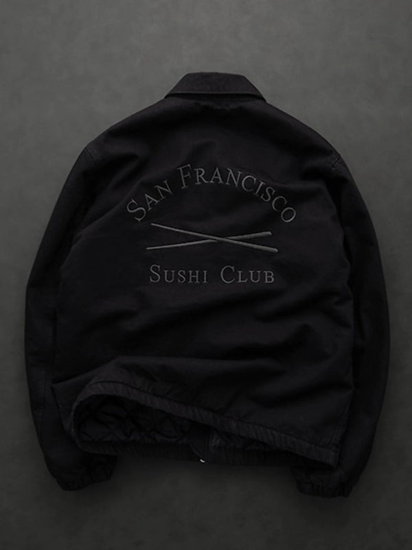 Black oversized denim jacket from Gap × Sushi Club featuring dropped shoulders and streetwear silhouette