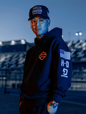 Recreated black Harley Davidson Factory Racing hoodie combining everyday comfort and durable construction