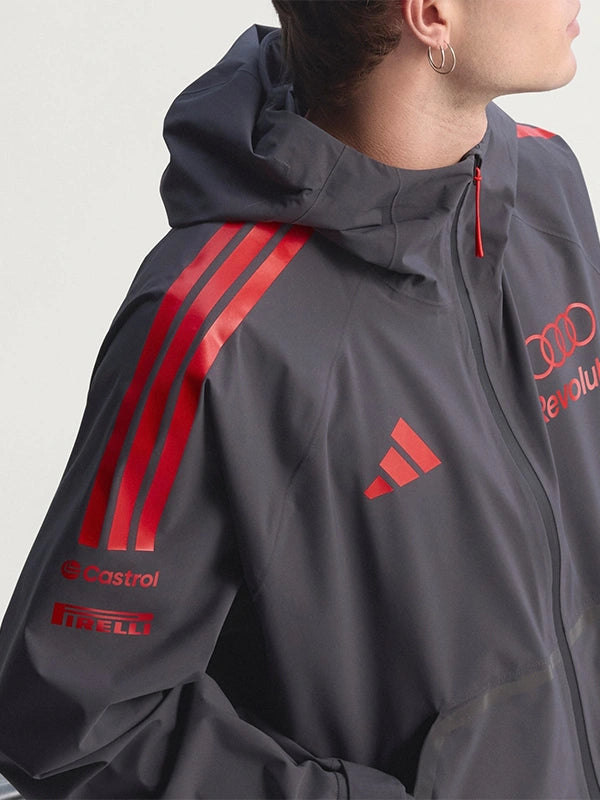 Audi Revolut F1 Team mechanics waterproof jacket in black with structured hood and clean athletic detailing