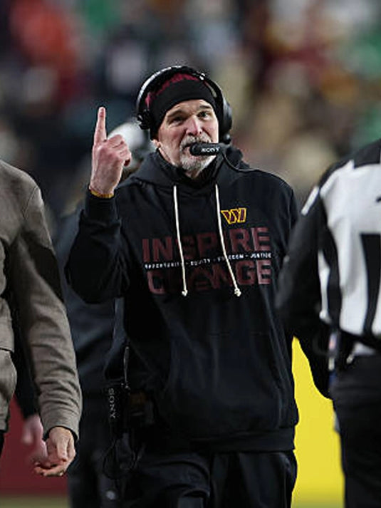 Washington Commanders 2025 Inspire Change black Nike hoodie inspired by coach Dan Quinn featuring Opportunity Equity Freedom Justice text