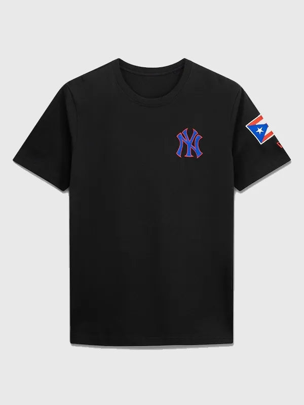 RECREATED Black New York Yankees New Era Puerto Rico Country Flag T-Shirt crafted from comfortable cotton with Yankees themed graphic detailing