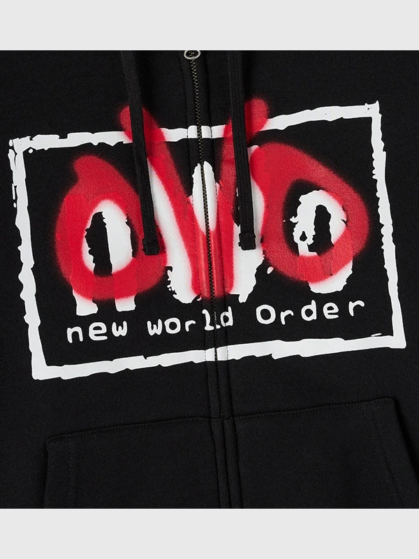 Black full-zip unisex hoodie recreated with New World Order graphics inspired by OVO and WWE