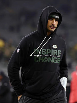 Black Nike sideline pullover hoodie inspired by Jordan Love featuring Green Bay Packers Inspire Change messaging