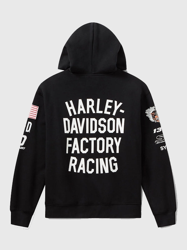 Black Harley Davidson Factory Racing fleece hoodie featuring adjustable hood and rib-knit hem for a structured fit