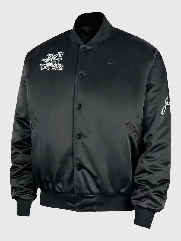 Nike Sportswear Club Black Satin Bomber Jacket with Jackie Robinson themed graphics and structured bomber fit

