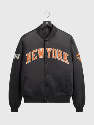 RECREATED Giorgio Armani x Kith New York Knicks 2026 Playoffs satin bomber jacket in black featuring glossy finish and refined athletic streetwear silhouette