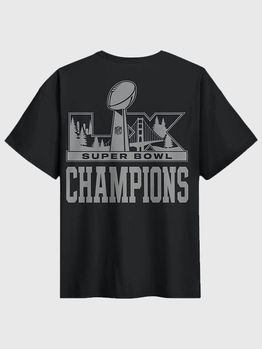Recreated Super Bowl 60 champions black T-shirt with Seattle Seahawks Locker Room Trophy Collection artwork