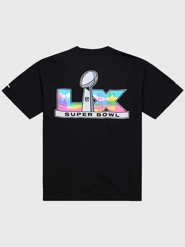 Black crewneck shirt recreated for the Roc Nation x Paper Planes Super Bowl LX 2026 collection, crafted from 220 GSM cotton jersey with prominent printed artwork.