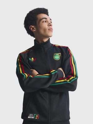 Black Adidas Jamaica x Bob Marley 2026 full-zip track jacket featuring reggae-inspired artwork and athletic silhouette