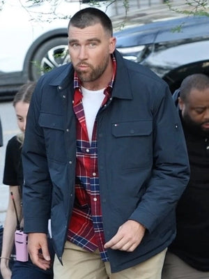 Recreated Tommy Hilfiger Travis Kelce campaign black puffer jacket with smooth exterior and winter-ready construction