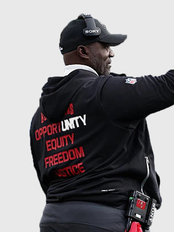 Nike black Inspire Change 2025 hoodie for the Tampa Bay Buccaneers with Opportunity Equity Freedom Justice messaging