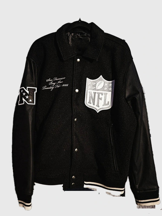 RECREATED Abercrombie Pro Bowl Games 2026 varsity jacket in black featuring wool body and leather-sleeve accents