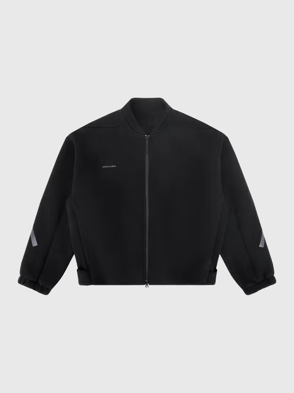 Recreated Adidas x Entire Studios 2026 Z.N.E. full zip black bomber jacket with sleek minimalist design and premium construction