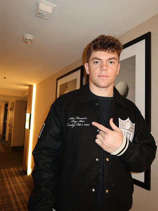 Recreated Abercrombie Pro Bowl Games 2026 varsity jacket in black with a wool body and smooth leather sleeves for a classic athletic look.