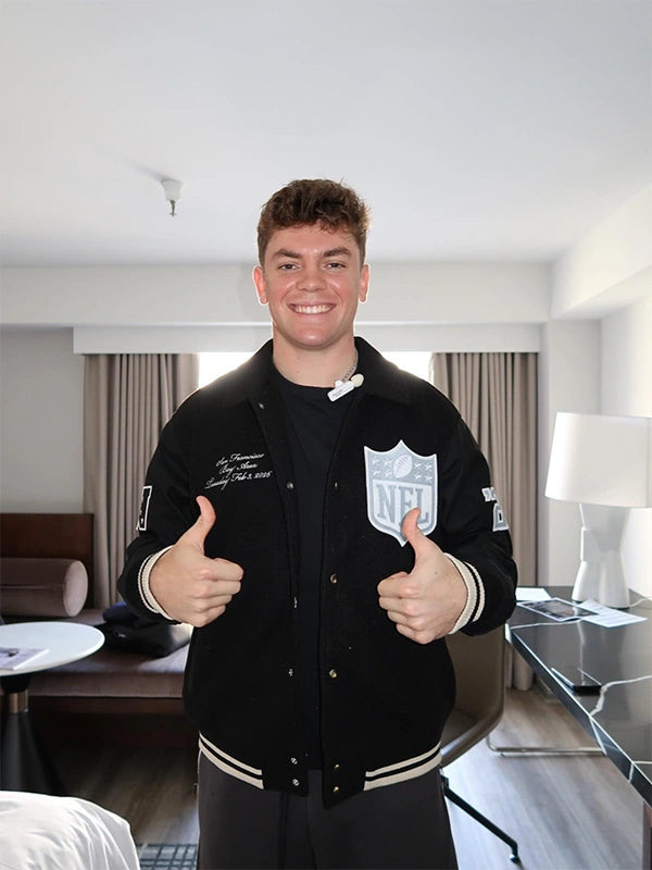 Black varsity jacket inspired by the 2026 Pro Bowl Games, recreated with a premium wool torso and genuine-style leather sleeves.