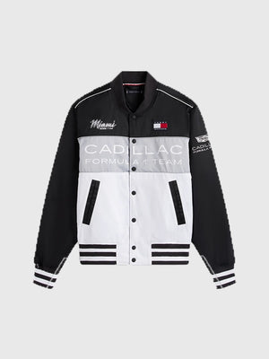 Tommy Hilfiger Cadillac 2026 F1 Miami Varsity Jacket crafted with ribbed trims, snap-button front, and motorsport-inspired detailing