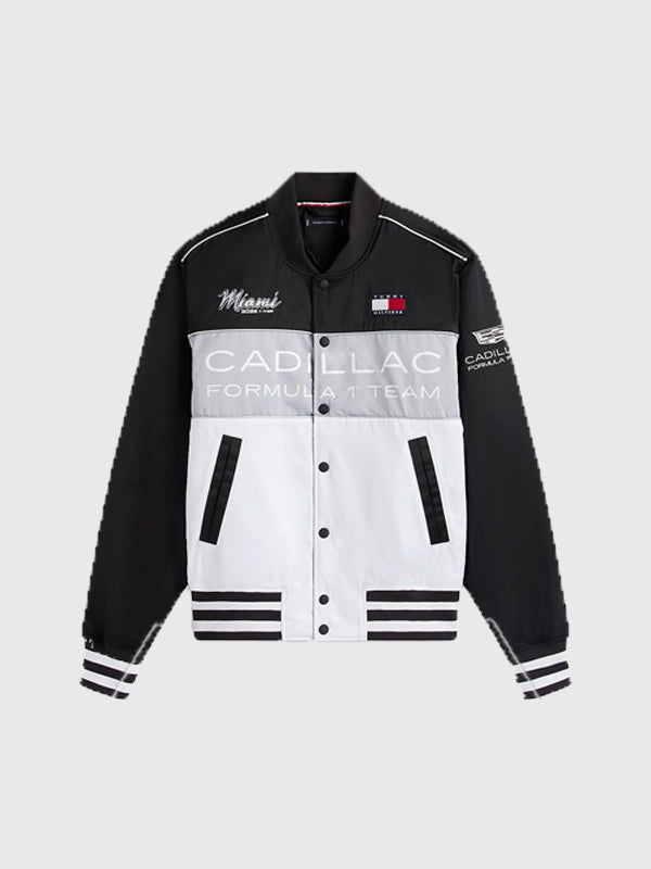 Tommy Hilfiger Cadillac 2026 F1 Miami Varsity Jacket crafted with ribbed trims, snap-button front, and motorsport-inspired detailing