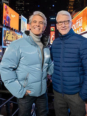 Recreated Andy Cohen 2026 New Years Eve blue Mackage puffer jacket offering cozy insulation and removable hood