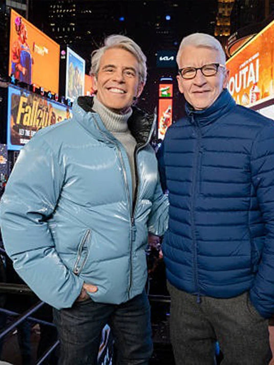 Recreated Andy Cohen 2026 New Years Eve blue Mackage puffer jacket offering cozy insulation and removable hood