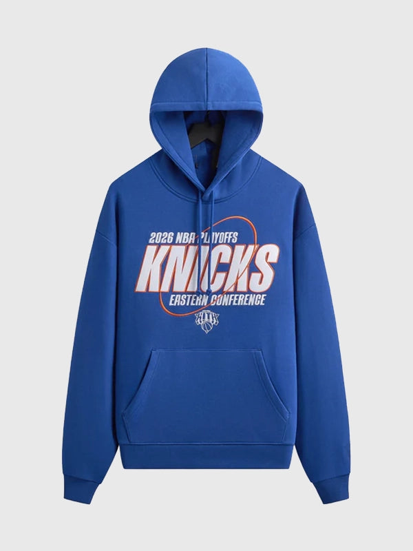 RECREATED Giorgio Armani x Kith New York Knicks 2026 Playoffs fleece pullover Nelson hoodie in a relaxed fit with soft thermal construction and minimal street-lux styling