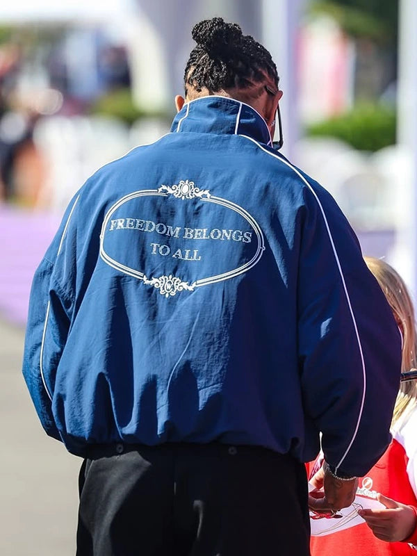 Lewis Hamilton 2026 Willy Chavarria track jacket in blue combining smooth fabric and contemporary sport-inspired style