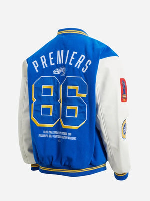 RECREATED Parramatta Eels 1986 Premiers Blue & White Wool Varsity Jacket crafted with durable leather sleeves and a structured collegiate fit