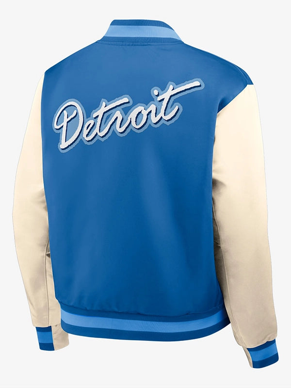 Nike Detroit Lions blue and cream full-snap bomber jacket in vintage Rewind Legacy styling.