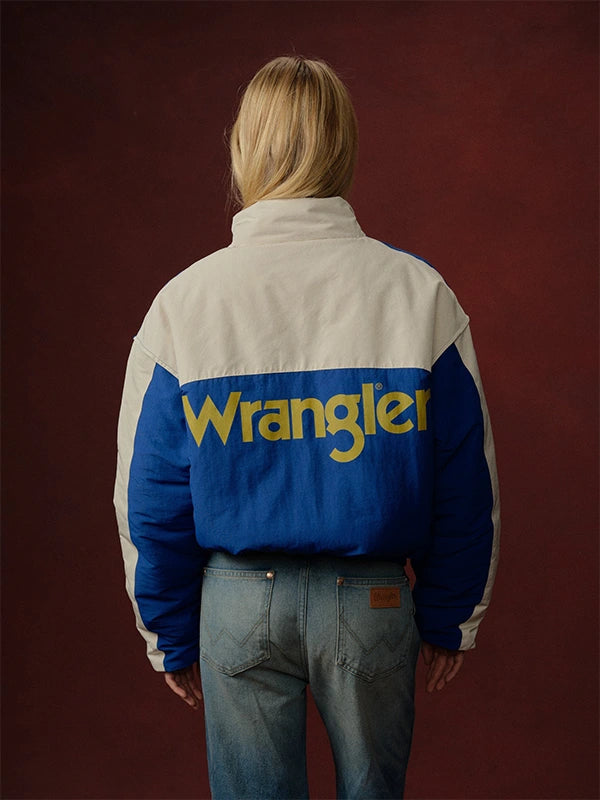 Cherry x Wrangler–inspired Los Angeles Pit Crew full zip jacket in royal blue with statement detailing