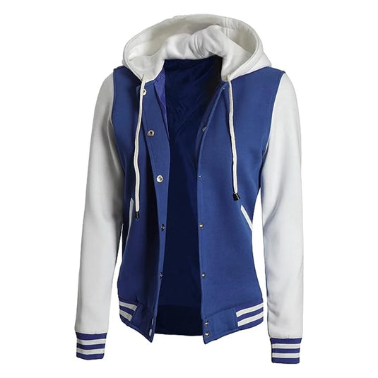 Blue and White Hooded Varsity Jacket Womens