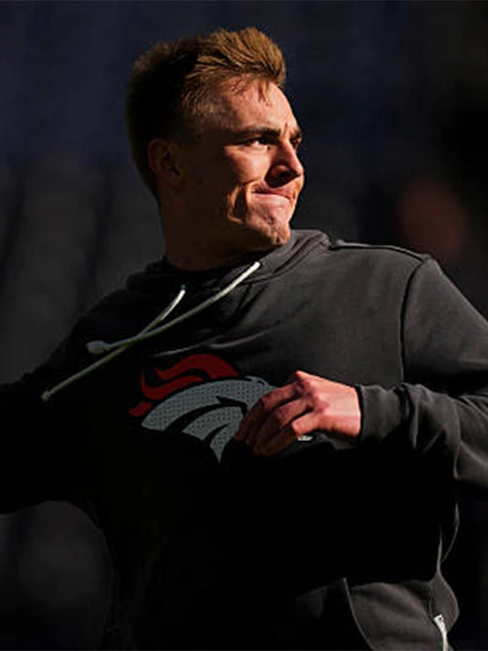 RECREATED Bo Nix Denver Broncos 2025 Nike black sideline pullover hoodie with bold game-day presence