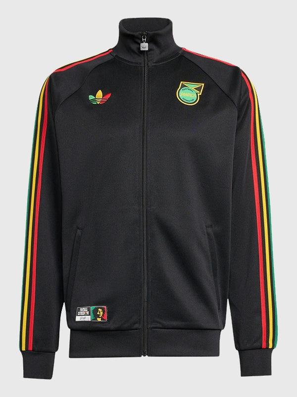 Recreated Adidas Jamaica x Bob Marley 2026 black full-zip track jacket with signature three-stripe detailing and co-branded graphics