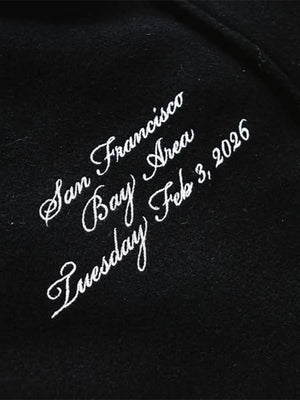 RECREATED Abercrombie Pro Bowl Games 2026 wool varsity jacket in black with classic leather sleeve styling