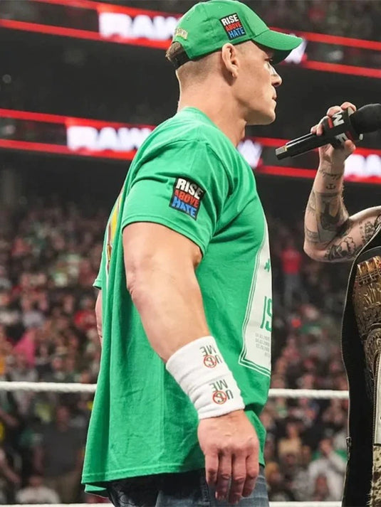 2025 John Cena RAW T-shirt in green featuring bold Boston graphics and breathable cotton material.