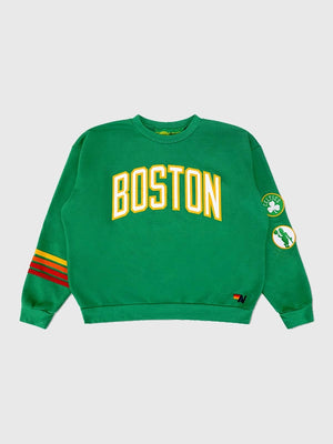Recreated Aviator Nation Celtics fleece crew sweatshirt in green with soft interior and bold team-inspired graphic detailing