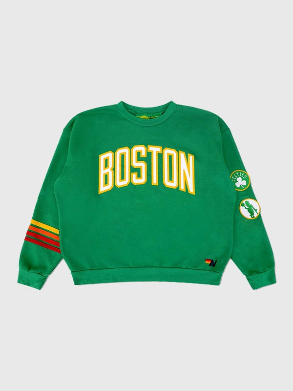 Recreated Aviator Nation Celtics fleece crew sweatshirt in green with soft interior and bold team-inspired graphic detailing
