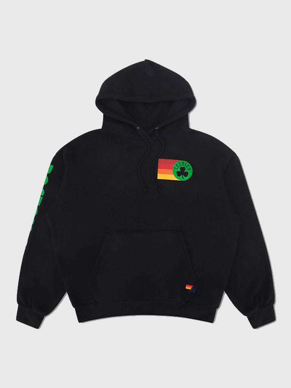 Recreated unisex Aviator Nation 2026 Boston Celtics pullover fleece hoodie in black with bold team-inspired graphic detailing