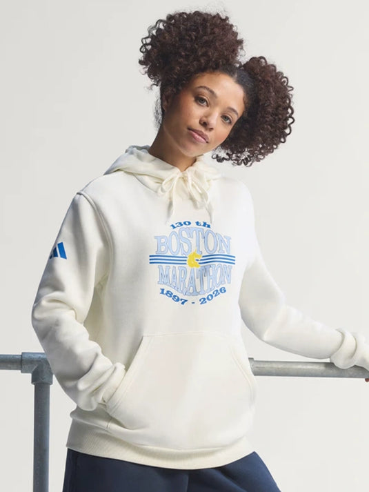 RECREATED Adidas Boston Marathon 2026 fleece pullover hoodie in off-white with bold graphic design