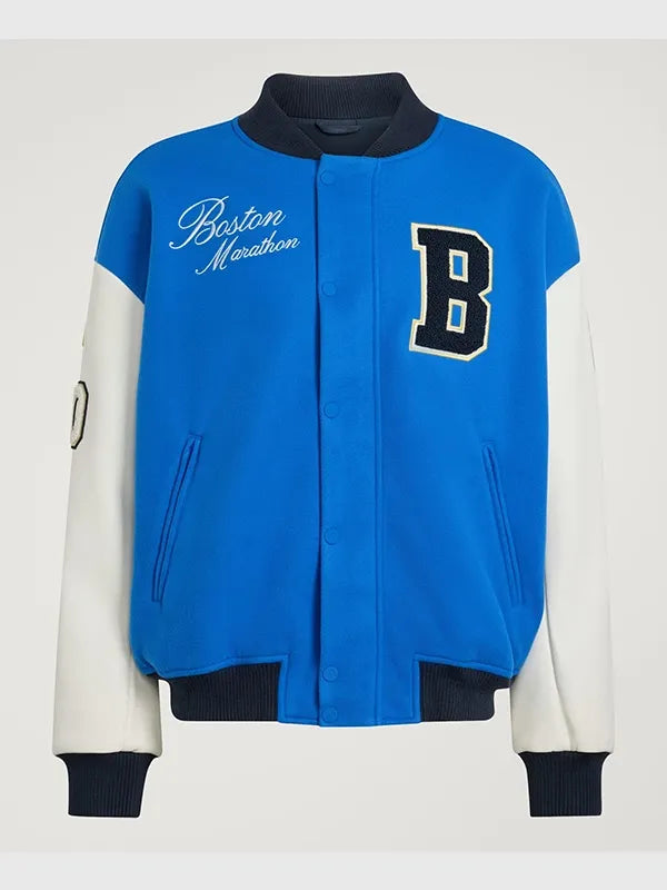 Blue and white Adidas Boston Marathon 26 varsity jacket crafted from warm wool blend with ribbed collar, cuffs, and hem