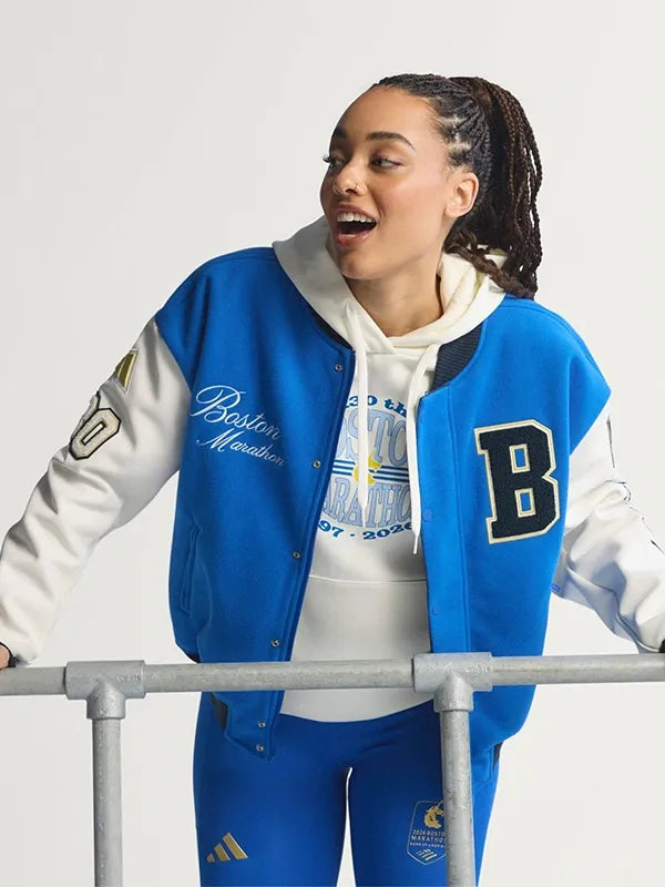Recreated Unisex Adidas Boston Marathon 26 wool varsity jacket in blue and white with classic collegiate silhouette and button-front closure