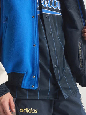 Adidas Boston Marathon 26 wool varsity jacket in blue and white offering classic snap-button front and rib-knit trim