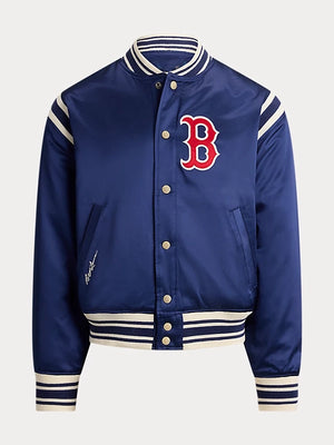 Recreated Ralph Lauren x MLB Collection Boston Red Sox satin varsity bomber jacket with glossy finish and team branding
