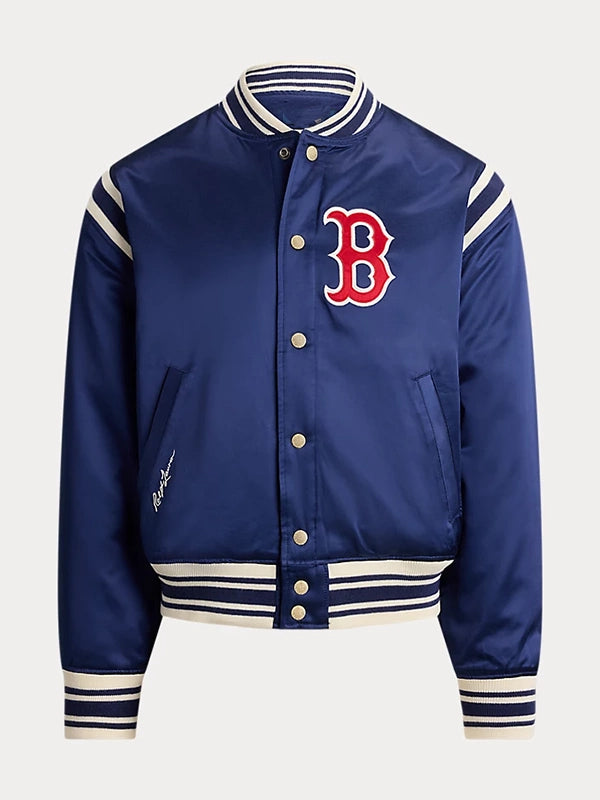 Recreated Ralph Lauren x MLB Collection Boston Red Sox satin varsity bomber jacket with glossy finish and team branding