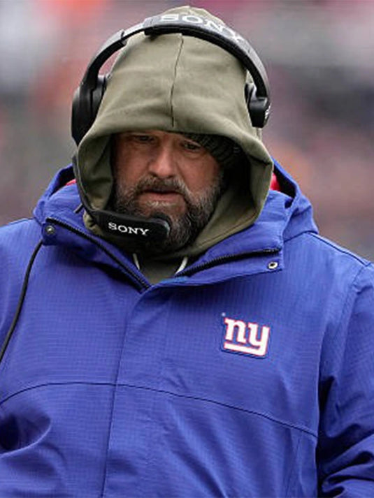 Brian Daboll New York Giants 2025 blue hooded puffer jacket featuring insulated warmth and sleek team detailing.
