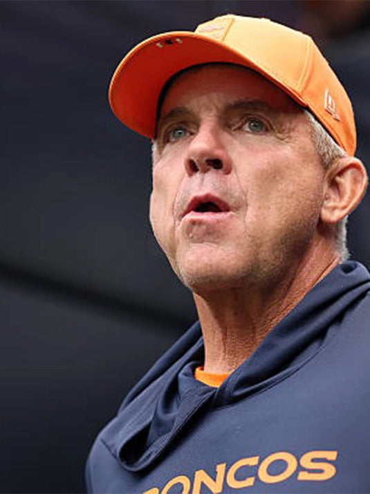 Sean Payton 2025 Denver Broncos Sideline Performance Hoodie T-Shirt featuring short sleeves and lightweight fabric.