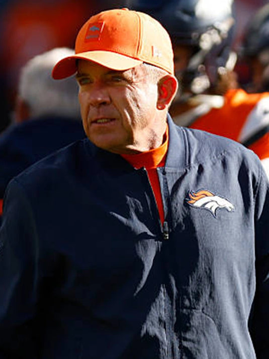 Coach Sean Payton Denver Broncos 2025 sideline bomber jacket in navy featuring a structured athletic fit