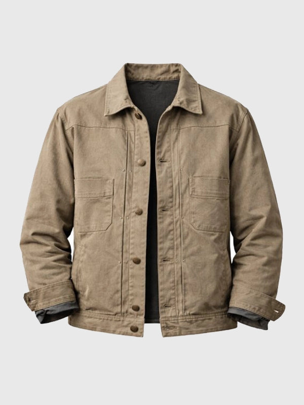 Luke Grimes Marshals 2026 brown cotton jacket designed with a practical front closure and timeless casual silhouette