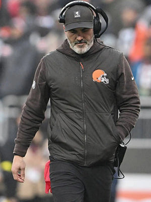 Cleveland Browns black parachute puffer vest recreated from Kevin Stefanski inspired coaching outerwear