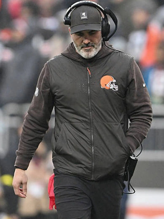 Cleveland Browns black parachute puffer vest recreated from Kevin Stefanski inspired coaching outerwear